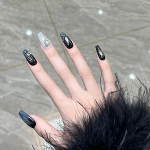 Dark blue and black long coffin press-on nails with silver butterflies and crystals