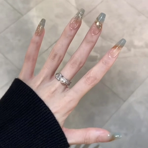Forest Mist Grey Green Gradient Press On Nails Gold Foil Coffin Shape Artificial Fake Nails For Women Daily Fashion Salon Wear