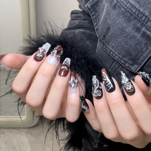 Gothic handmade press-on nails with red gradient, silver crosses, and metal chain charms