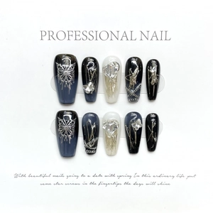 Handmade coffin press-on nails with 3D butterfly charms and dark blue metallic finish