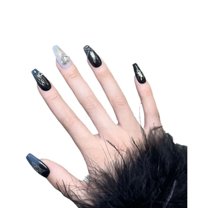 Handmade coffin nails in navy blue and black with silver butterfly and rhinestone accents