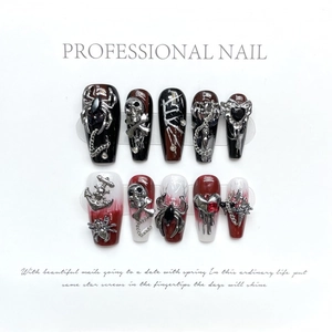 Handmade Gothic dark lava press-on nails with 3D skull, spider and heart metallic decor