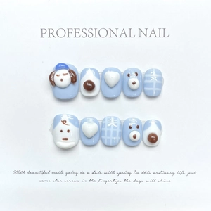 Blue 3D cartoon puppy press-on nails with heart patterns and checkered design