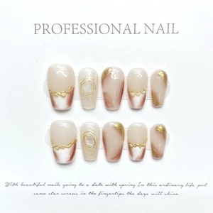 French brown marble press-on nails with golden wire details and foil accents