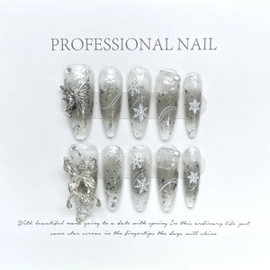 Silver gradient press-on nails with 3D butterflies and snowflake designs