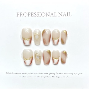 Handmade brown marble press-on nails with gold wire accents and glossy finish set
