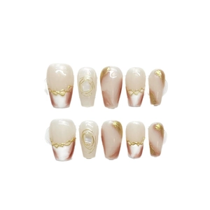 Press-on nails set with brown coffee marble design and gold metallic 3D accents