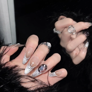 Handmade Luxury Airbrush Cat Eye Press On Nails Long Almond Shaped French Tip Silver Glitter Rhinestone Inlaid Decor For Women