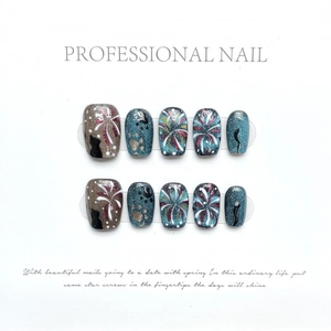 Artistic press-on nails set with fireworks cat eye and black cat silhouette designs