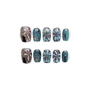 Deep blue glitter cat eye press-on nails with firework texture and cat silhouettes