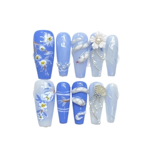 Handcrafted long trapezoidal press-on nails with 3D white snake and camellia floral designs