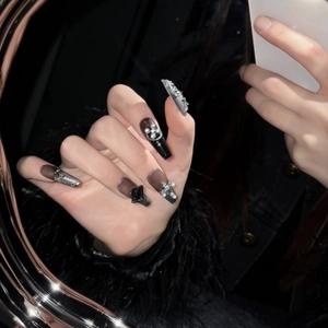 Handmade Gothic Press On Nails Dark Aurora Gradient Coffin Nails 3D Metal Cross Star Rhinestone Long Coffin Fake Nails