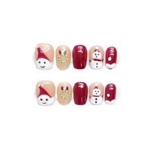 Set di unghie finte natalizie rosse con Babbo Natale, pupazzo di neve e ghirlande festive