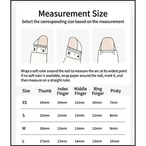 Size guide for handmade cat eye press-on nails showing XS to L width measurements