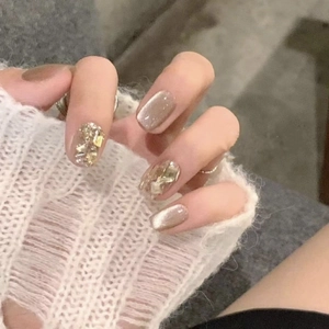 Handmade Champagne Cat Eye Press On Nails Milky Tea Nude Gold Fake Nails With Rhinestone Glitter Reusable Manicure Art