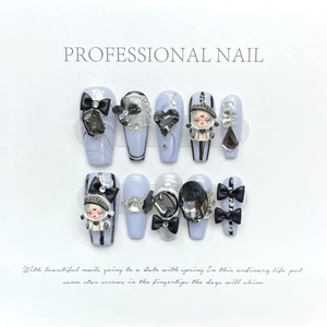 Handmade 10pcs lavender press-on nails with 3D bows and cute charms in dark cool style