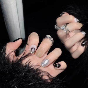 Handmade black and white gradient press-on nails with silver glitter and dark minimalist style