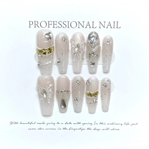 Handmade press-on nails with butterfly design, crystals and gold foil, 10pcs set