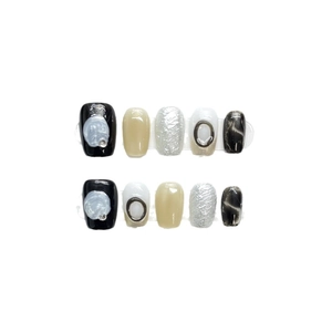 Handmade dark minimalist press-on nails with mirror powder and marble gradient effect