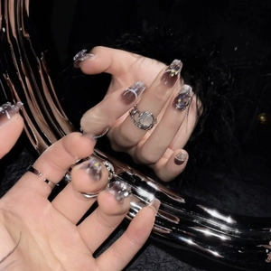 Handmade Amber Cat Eye Press On Nails Long Coffin Fake Nails With Bow Rhinestone Decor Luxury Gradient Nails For Women