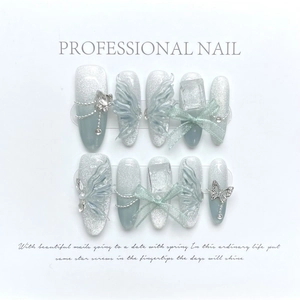 Handmade light blue press-on nails with 3D butterflies and silver glitter fairy style