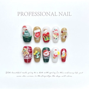 Handmade 3D Christmas press-on nails with Santa Claus and sparkling rhinestone designs