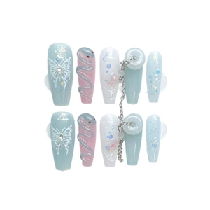 Handmade press-on nails with 3D snake charms and butterfly art in blue and pink finish