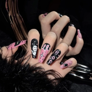 Long coffin Halloween press-on nails with pink and black ghost and spider web designs