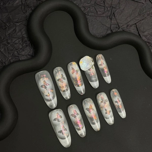 Handmade Gradient Butterfly Press On Nails With 3D Rhinestone Long Stiletto Fairy Style Reusable False Nails For Women
