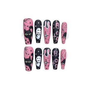 Halloween press-on nails set with pink and black spider ghost designs for women