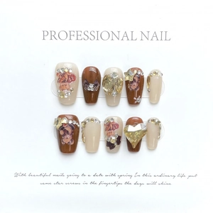 Handmade brown and cream teddy bear press-on nails with luxury rhinestones and pearls