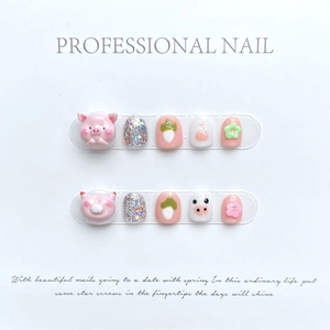 Faux Ongles à Coller en Résine Fait Main pour Enfants Rose Mignon Cochon Floral Relief 3D Strass pour Petites Filles