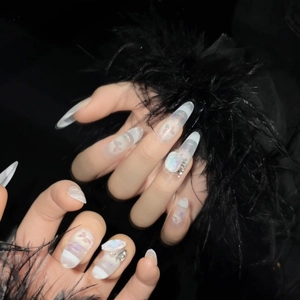Elegant white and purple ombre stiletto press-on nails with butterfly and rhinestone art