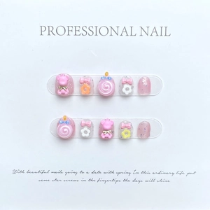 Faux ongles faits main roses pour filles avec oursons 3D, sucettes et nœuds doux