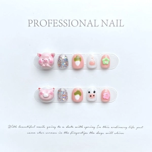 Faux ongles faits main pour filles avec cochons 3D mignons et motifs floraux pailletés