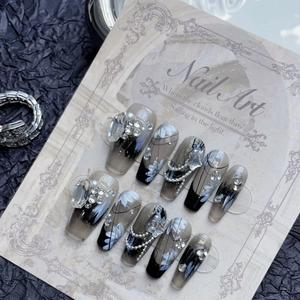 New Chinese Style Black Gradient Press On Nails Handmade Floral Rhinestone Artificial Pearl Metal Chain Long Trapezoid Fake Nails For Women