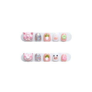 Faux ongles faits main motif cochon 3D pour filles avec designs floraux et paillettes