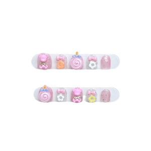 Faux ongles roses pour filles avec oursons 3D, nœuds et sucettes, lot de 10