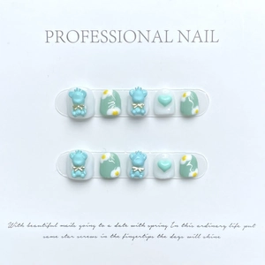 3D Cartoon Bear Short Press On Nails Collection ABS Resin Resin Sweet Girl Handmade Relief Floral Student Nail Art Accessories