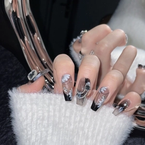 Dark luxury hand-painted press-on nails with silver chains and 3D rhinestones