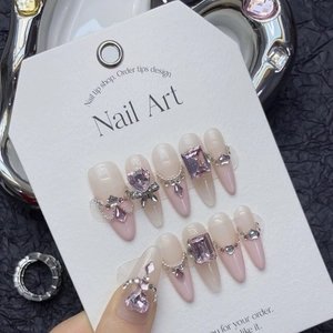 Handmade French Nude Pink Gradient Press On Nails Heart Rhinestone Artificial Pearl Silver Bow Almond Fake Nails For Women Jewelry