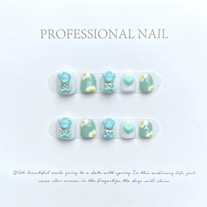 3D cartoon blue bear press-on nails set for girls in macaron blue and green colors