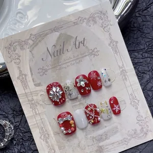 Handmade Christmas Press On Nails Red White Snowflake Rhinestone Artificial Pearl Bow Knot Short Square Round Festive Fake Nails Art Set