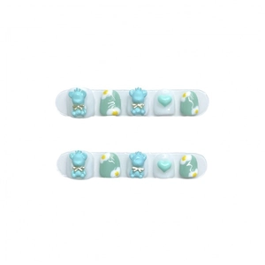 Short cartoon bear press-on nails featuring 3D blue bears and green floral heart patterns