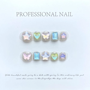 Handmade aurora candy color 3D press-on nails with star and heart charms on silver glitter base