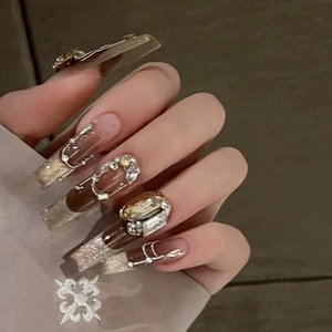 Luxury Long Coffin Press On Nails Brown Gradient Cat Eye Rhinestone Faux Artificial Pearl Decorative Fake Nails For Women Daily Party Manicure DIY