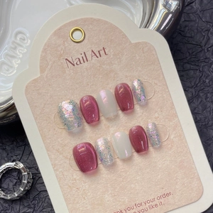 Cat eye plum jelly handmade press-on nails set with glitter sequins and pearl white finish