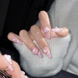 Pink 3D pig and heart motifs on long coffin handmade press-on nails for women