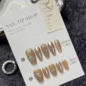 Handmade Nude Metallic Mirror Cat Eye Press On Nails Minimalist Champagne Gold Shimmer Coffin Shape Reusable False Nails For Women
