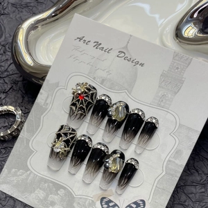 Gothic dark spider hand-crafted press-on nails with 3D web and rhinestone accents